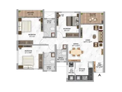Indicative 3 BHK floor plan of VVIP Madhuban Bapudham