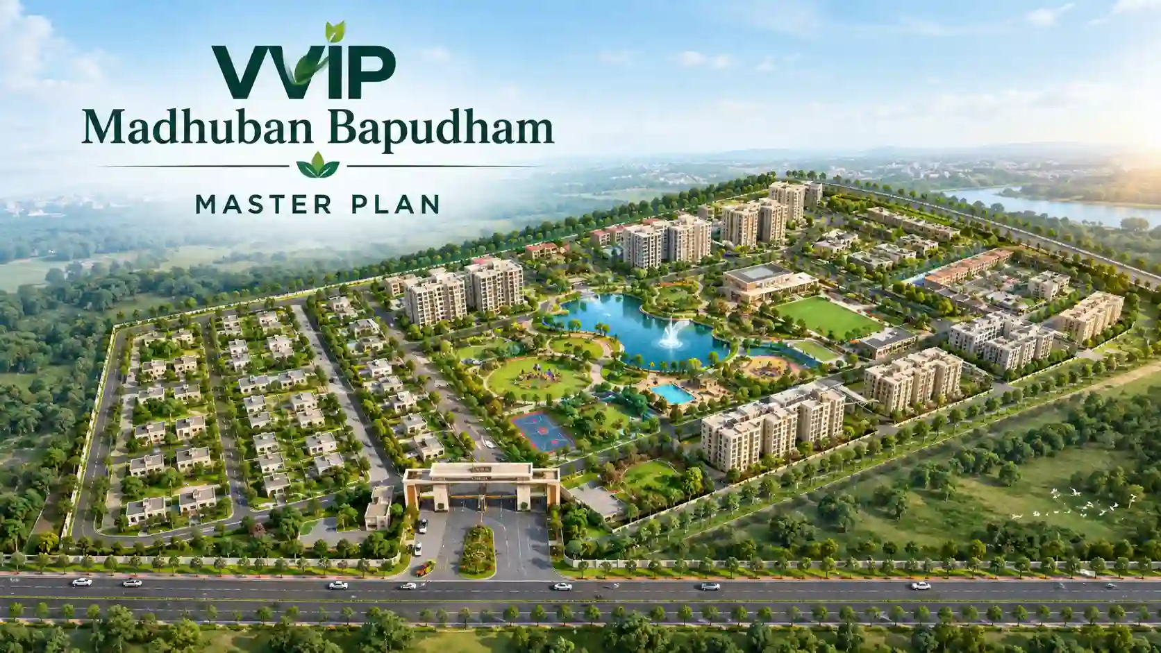 Aerial view of the VVIP Madhuban Bapudham master layout